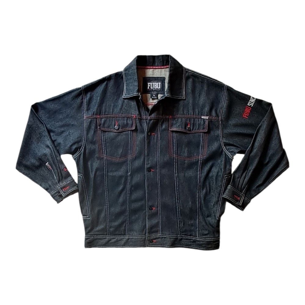 FUBU Men's Dark Denim Jacket with Red Accents